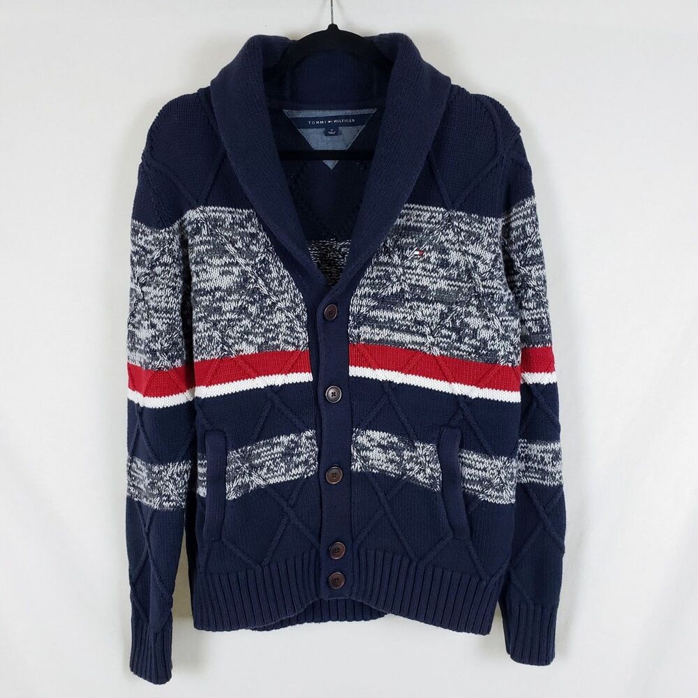 Tommy Hilfiger Shawl Collar Cardigan Mens M Cable Knit Americana Preppy Blue